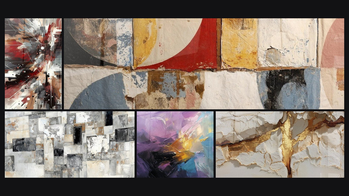 Mosaico di cinque quadri, tra cui Rumore Dinamico Esplosivo, Astratto Mosaico Grigio e Beige e Forme geometriche astratte di