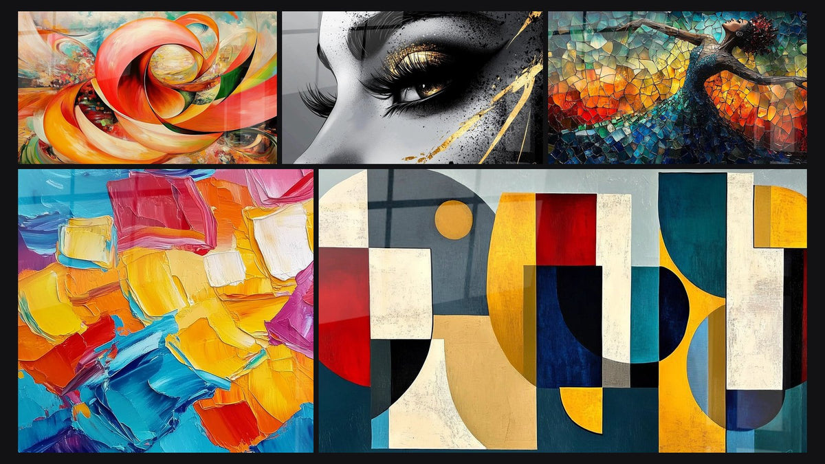 Mosaic of five paintings, including Dynamic Red Orange Spiral, Abstract composition and Colored geometric shapes