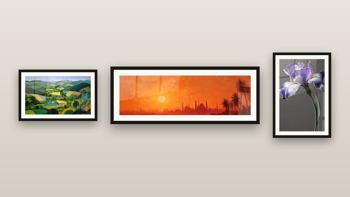 Gallery wall with three framed paintings, including Istanbul Sunset and Iris Wall Art No. 9