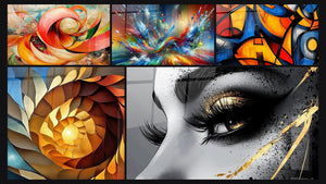 Mosaic of five paintings, including Dynamic Red Orange Spiral, Three-dimensional golden spiral and Big Bang Artistic Dazzling