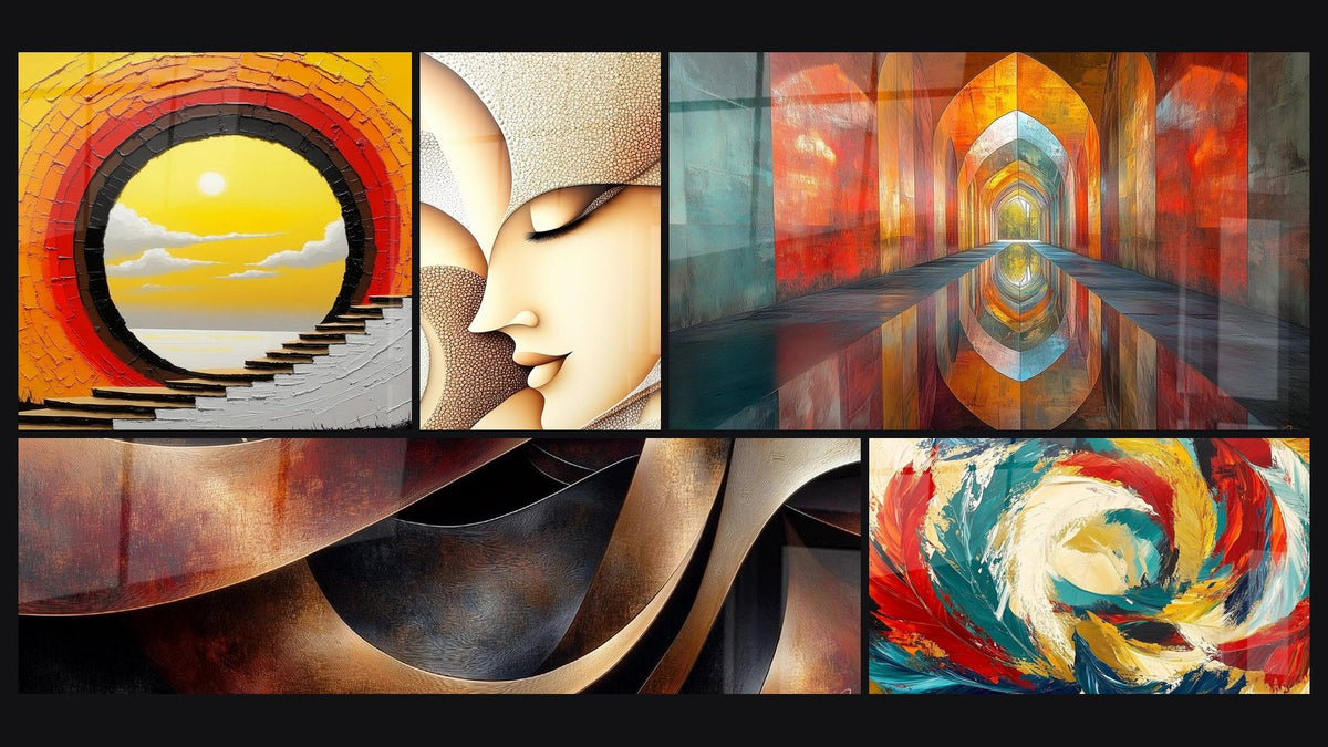 Mosaic of five paintings, including Sunset tunnel, Sinuosities Meditation Ochre and Arched Iridescent Vermillion