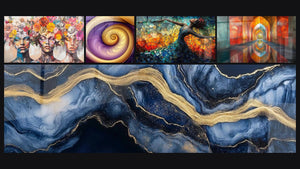 Mosaico de cinco cuadros, entre ellos Las Musas Florecientes, Espiral dorado púrpura y Danza Llama Liberadora Roja