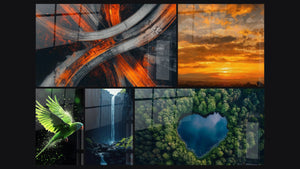 Mosaico de cinco cuadros, entre ellos Intercambio de autopista abstracto, Paisaje nublado dramático y Loro N°2