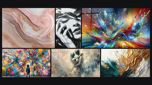 Mosaico de seis cuadros, entre ellos Mujer Emocional, Explosiones y Entre Nosotros