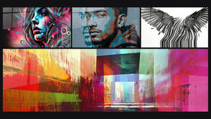 Mosaic of four paintings, including Street Art Wall Art No. 1 and Chromatic Passage
