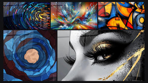 Mosaic of five paintings, including Digital Colored Tunnel, Blue Cosmic Spiral and Big Bang Artistic Dazzling