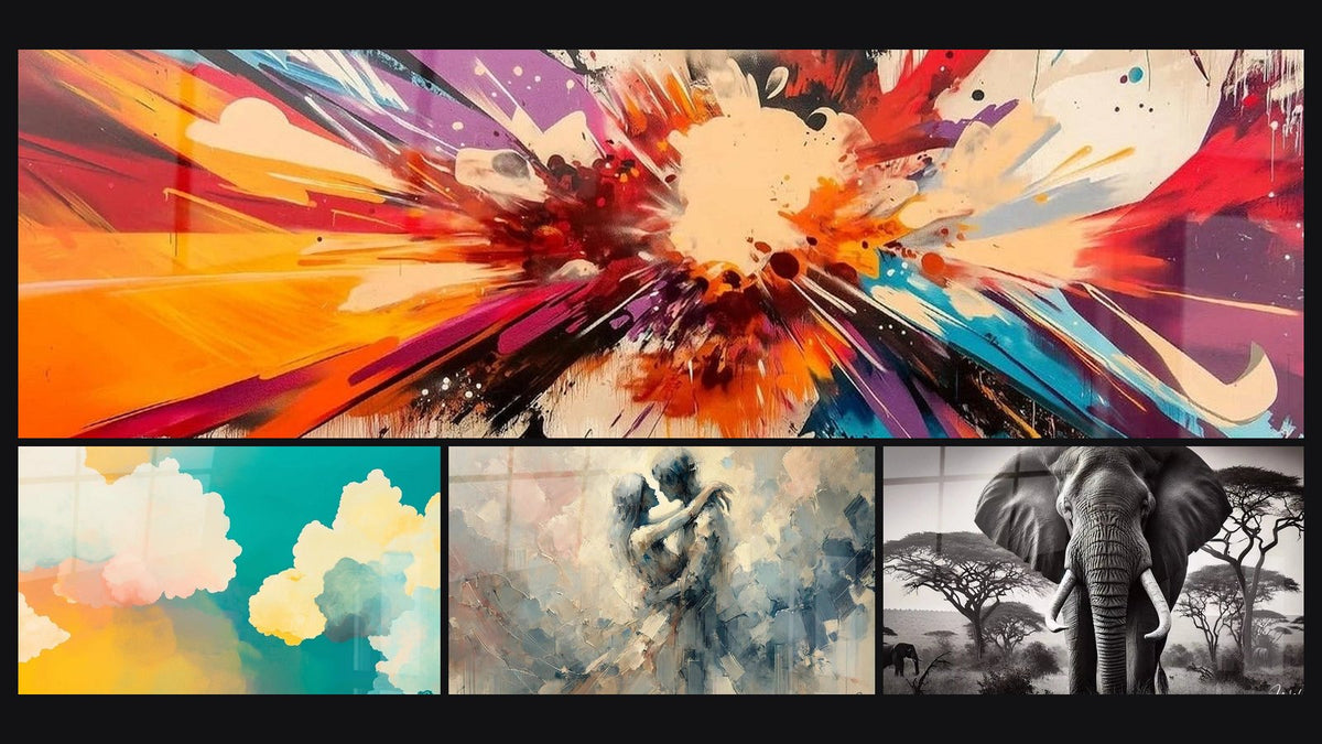 Mosaico de cuatro cuadros, entre ellos Caos Creador, Cielo en Movimiento Turquesa y Entre Nosotros