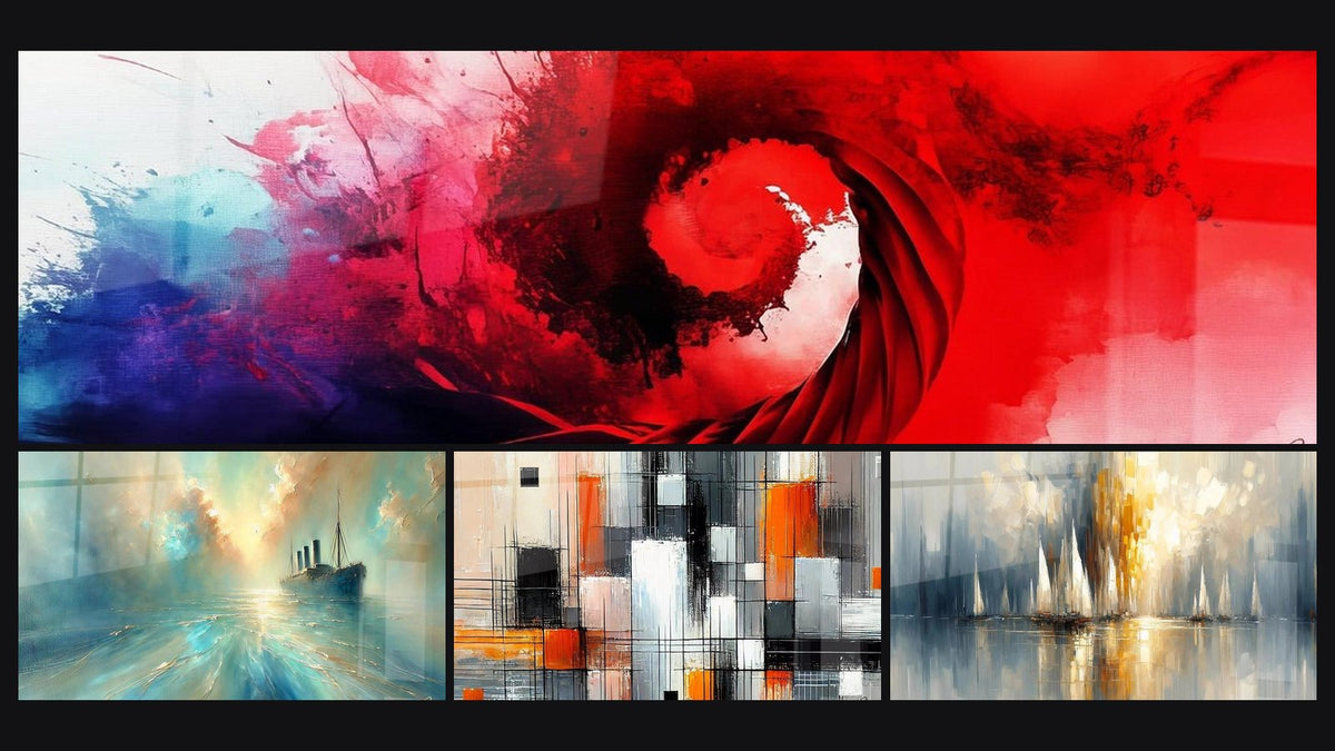 Mosaïque de quatre tableaux, dont Spirale énergétique rouge et bleue, Au Cœur de la Brise et Mécanique des couleurs