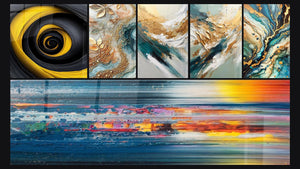 Mosaico de seis cuadros, entre ellos Espiral dorado y negro, Paisaje abstracto y Hojas Doradas