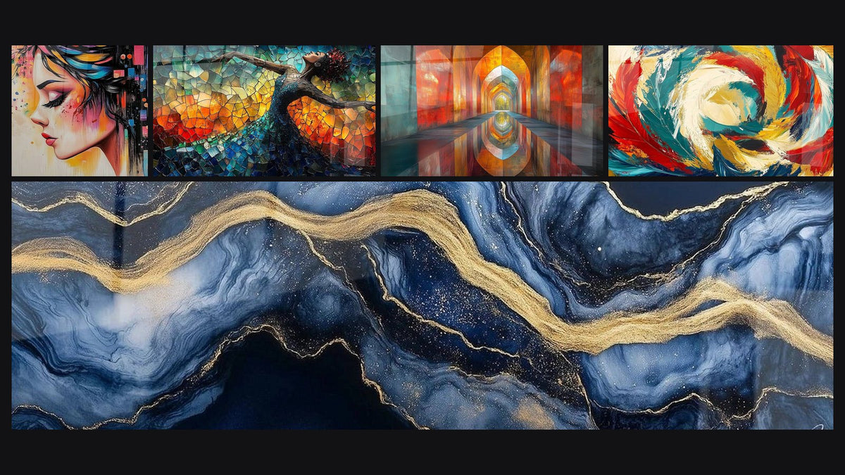 Mosaico di cinque quadri, tra cui Danza Fuoco Liberatrice Rosso, Marmo Liquido Eternità Blu e Volte Cangianti Vermiglio