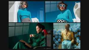 Mosaic of four paintings, including Woman in Green Dress with Red Parrot and Man in Yellow Shirt Among Blue Hydrangeas