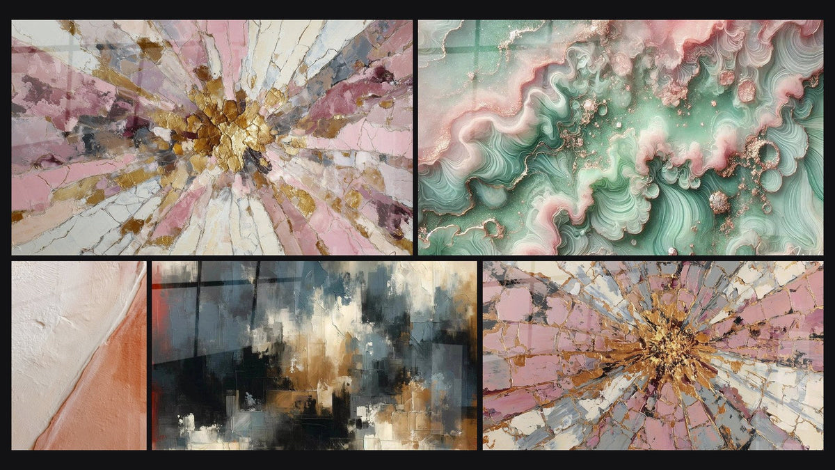 Mosaïque de cinq tableaux, dont Diagonale texturée blanc cassé et brique et Chaos Organisé