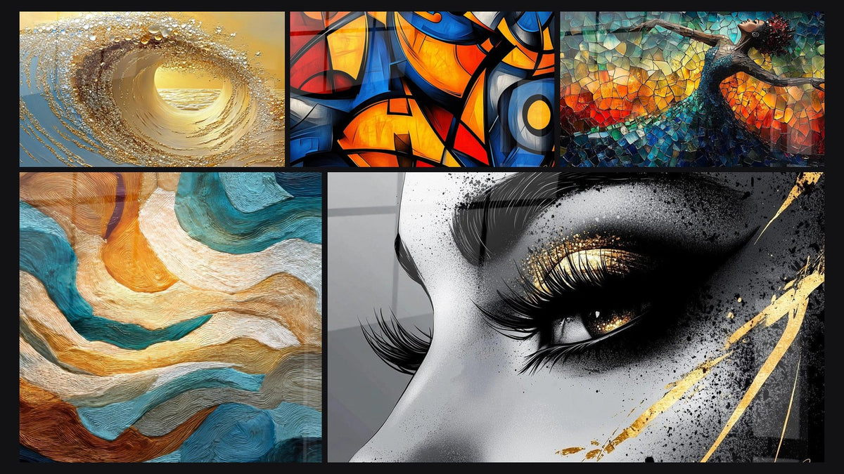 Mosaico de cinco cuadros, entre ellos Ola dorada túnel, Ondas fluidas doradas y turquesa y Formas geométricas coloridas