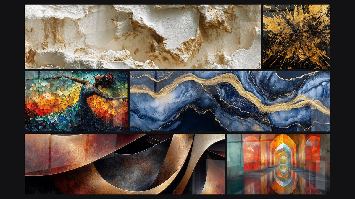 Mosaic of six paintings, including Eroded White Texture with Sculpted Reliefs and Dance Fire Liberation Red