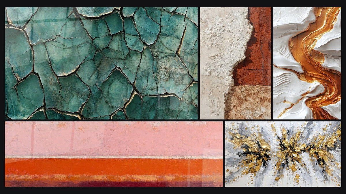 Mosaic of five paintings, including Fractured Earth