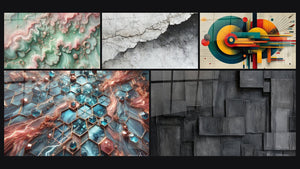 Mosaico de cinco cuadros, entre ellos Bruma Esmeralda, Redes de Resplandor y Textura Mural Agrietada Blanco y Gris