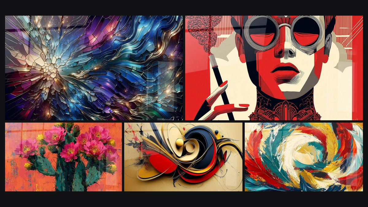 Mosaic of five paintings, including Stained Glass Splendor, Woman Portrait Sunglasses and Dynamic Abstract