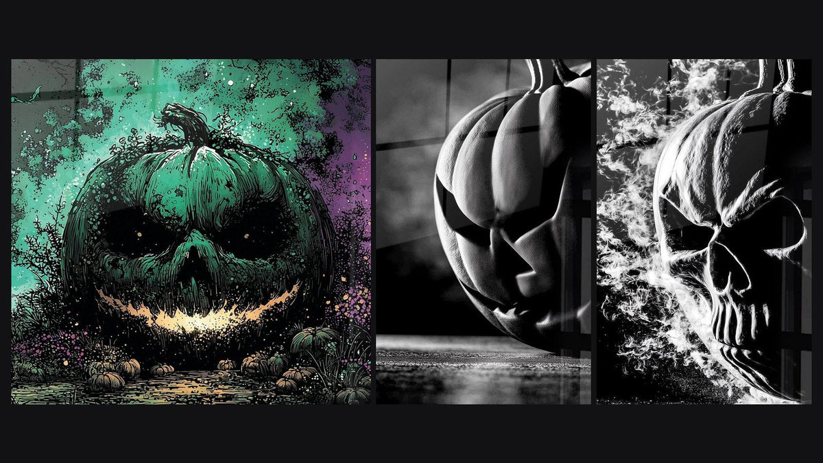 Mosaico de tres cuadros: Calabaza Grimace Sombría, Calabaza Malévola Antigua y Calavera Vapores del Más Allá