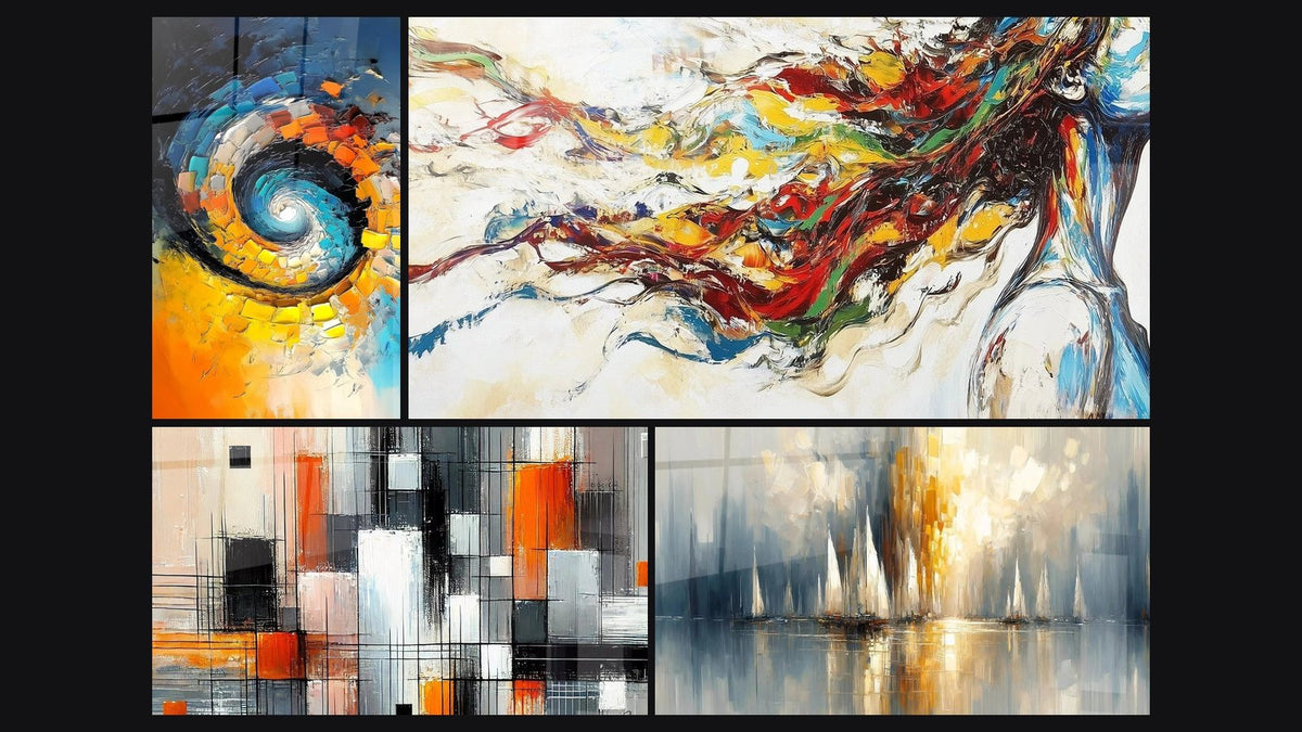 Mosaïque de quatre tableaux, dont Tourbillon cosmique, Mécanique des couleurs et Aurore sur la Baie