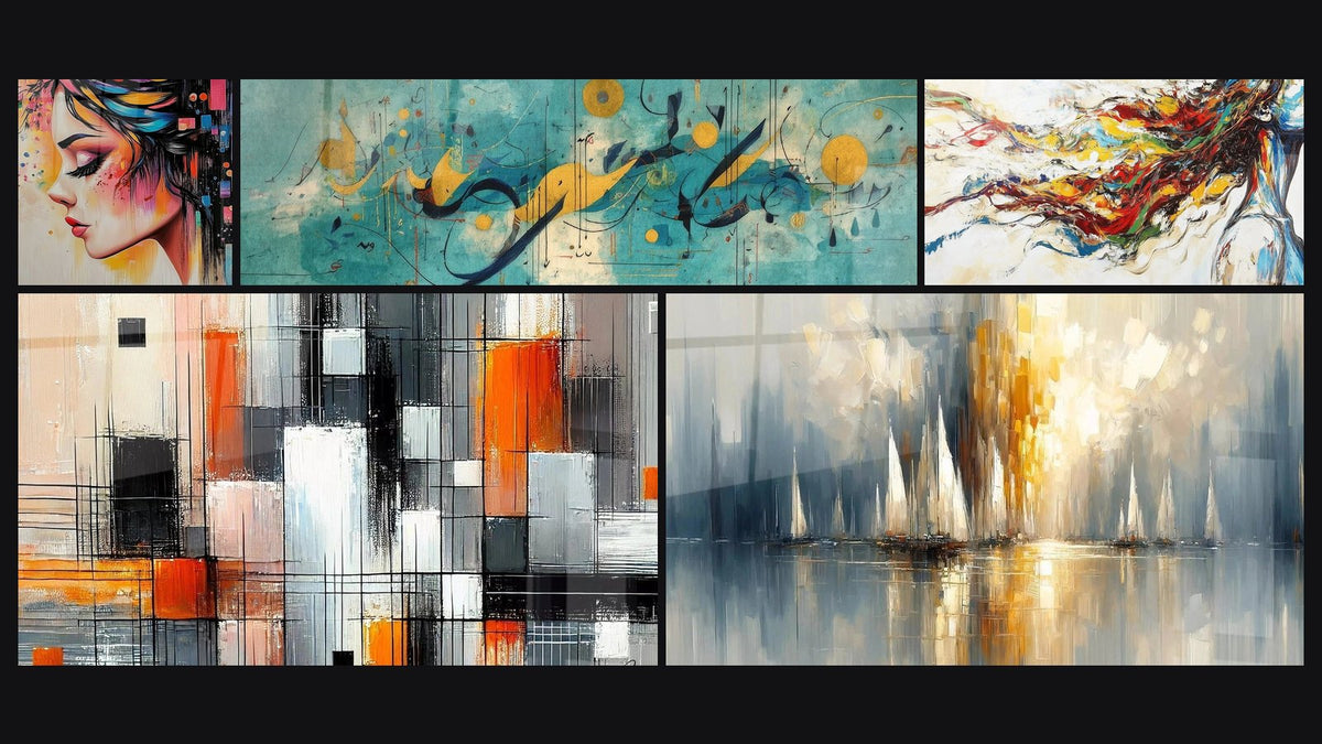 Mosaïque de cinq tableaux, dont Femme profil coloré, Composition abstraite et Mécanique des couleurs