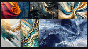 Mosaico de seis cuadros, entre ellos Tela fluido naranja y azul, Crepúsculo de Elementos y Laberinto Mineral