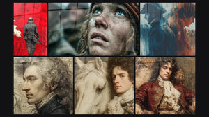 Mosaic of six paintings, including Soldier Clouds of Blood, Nobleman on White Horse Majesty and Napoleon Shadows Twin