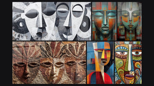 Mozaïek van zes schilderijen, waaronder Afrikaanse Maskers Abstract en Gemaskerd gezicht Beschermgeest