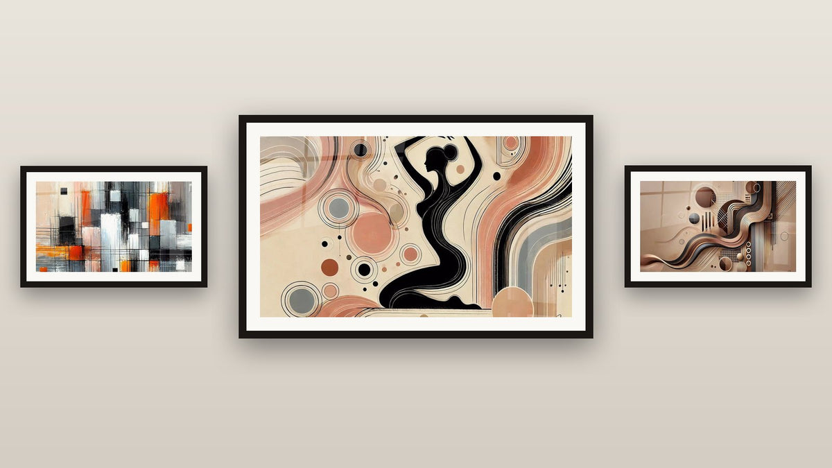 Gallery wall with three framed paintings: Abstract Poetry, Geometric Bronze and Mechanics of Colors