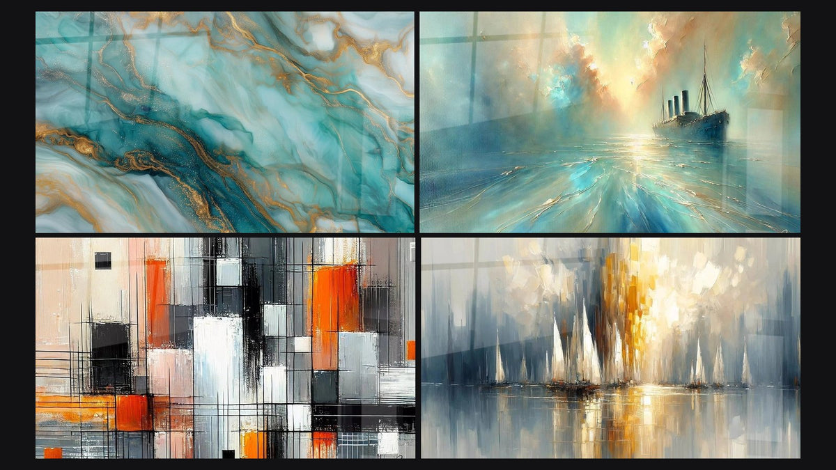 Mosaico di quattro quadri, tra cui Nel Cuore della Brezza, Meccanica dei Colori e Alba sulla Baia
