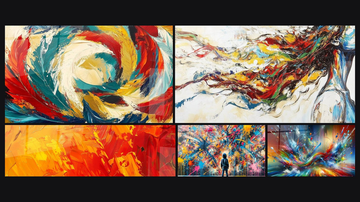 Mosaico de cinco cuadros, entre ellos Metamorfosis Cósmica, Abstracto llamas de colores y Musa Moderna