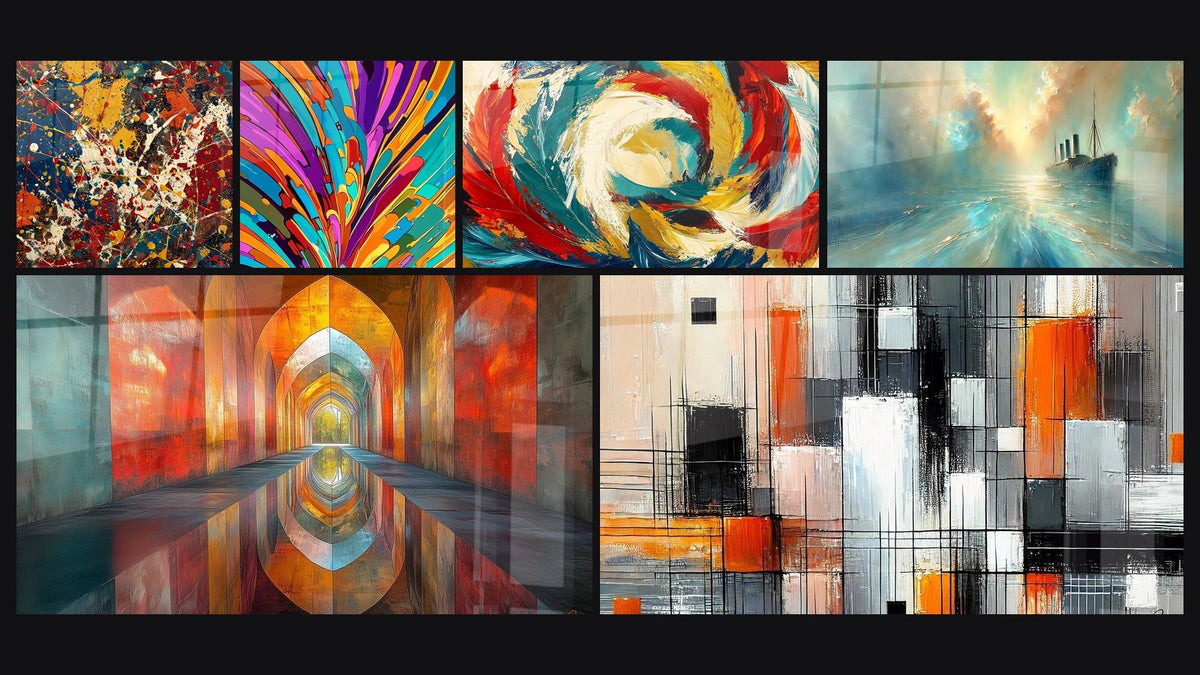 Mosaico de seis cuadros, entre ellos Explosión de colores, Arcos Brillantes Color Bermellón y Metamorfosis Cósmica