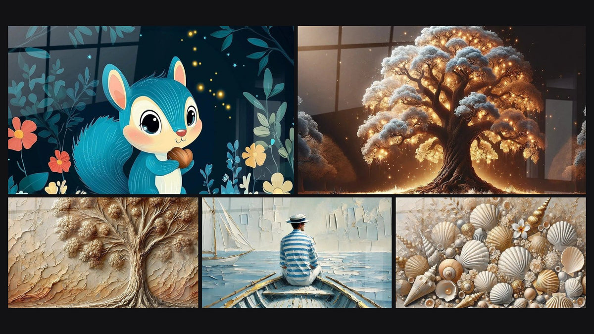 Mosaico di cinque quadri, tra cui Bambini N°18, Albero della Notte e Albero di Antan