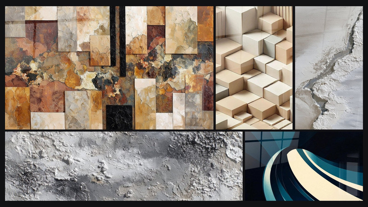 Mosaic of five paintings, including Gray and Silvered Mineral Abstract Texture, Modern Spiral Wave and Minimalism Sculpted
