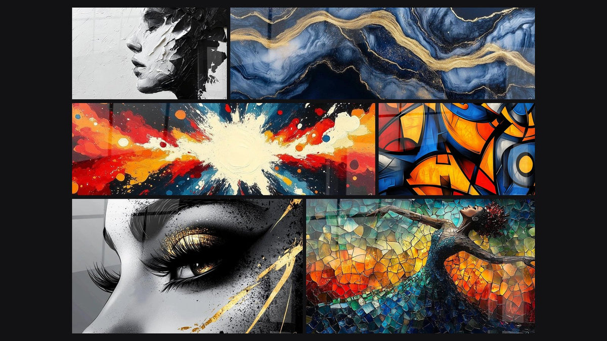 Mosaic of six paintings, including Expressive Women's Portrait, Big Bang Artistic and Colored geometric shapes