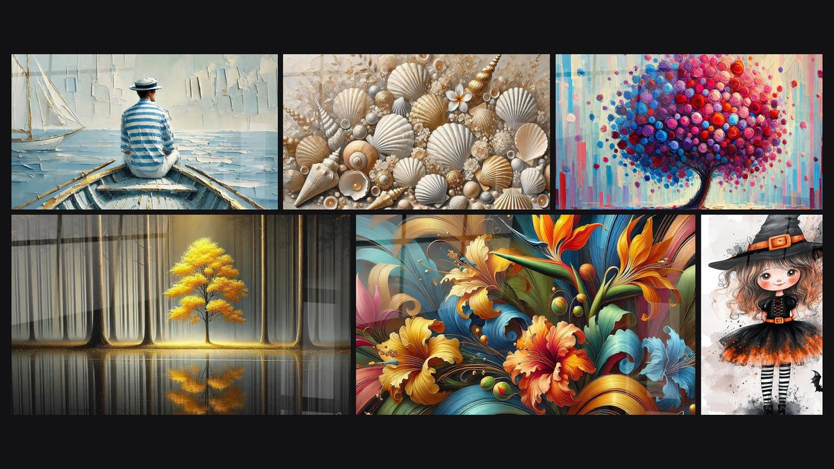 Mosaico de seis cuadros, entre ellos El Arte del Agua, Joyas de las Arenas y Tranquilidad Eterna