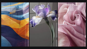 Mosaico de tres cuadros, entre ellos Formas Arquitectónicas Abstractas y Tulipán N°2