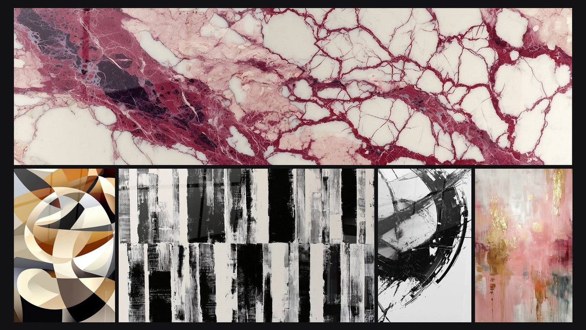 Mosaïque de cinq tableaux, dont Veines pourpres et crème sur fond écru, Formes circulaires entrelacées et La Brisure du Temps