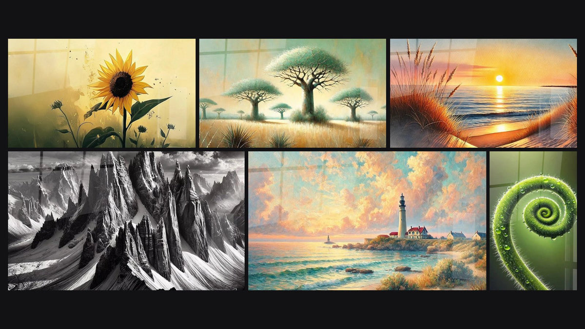 Mosaico di sei quadri, tra cui Girasole N°5, Guardiani del Deserto e Quando il Giorno S'addormenta