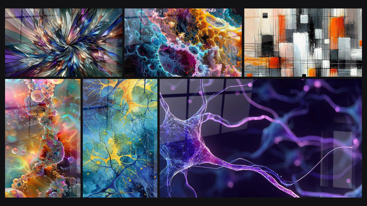 Mosaik aus sechs Gemälden, darunter Radiance Fraktal, Irisierende neuronale Spirale und Abstraktes neuronales Netzwerk