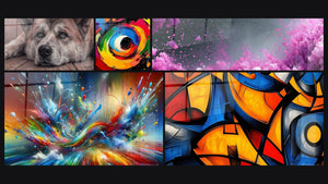 Mosaic of five paintings, including Multicolor spiral, Big Bang Artistic Dazzling and Colored geometric shapes
