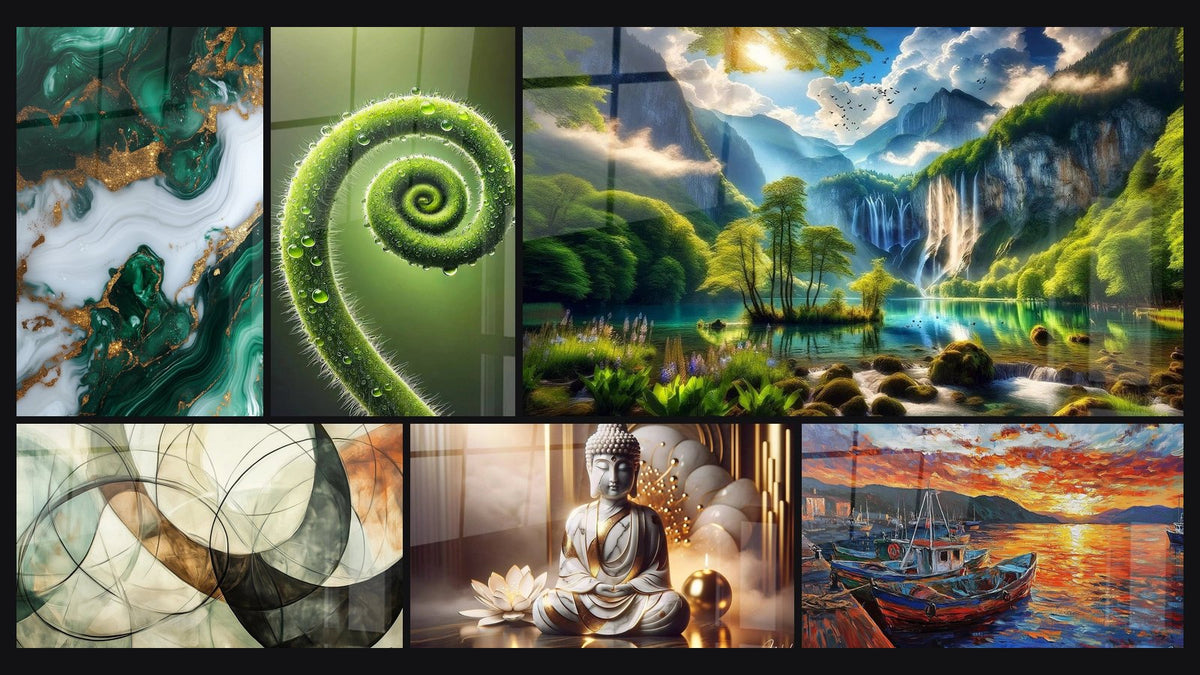 Mosaico de seis cuadros, entre ellos Los Lazos Invisibles, Espiral de la Vida y Paz Mármol