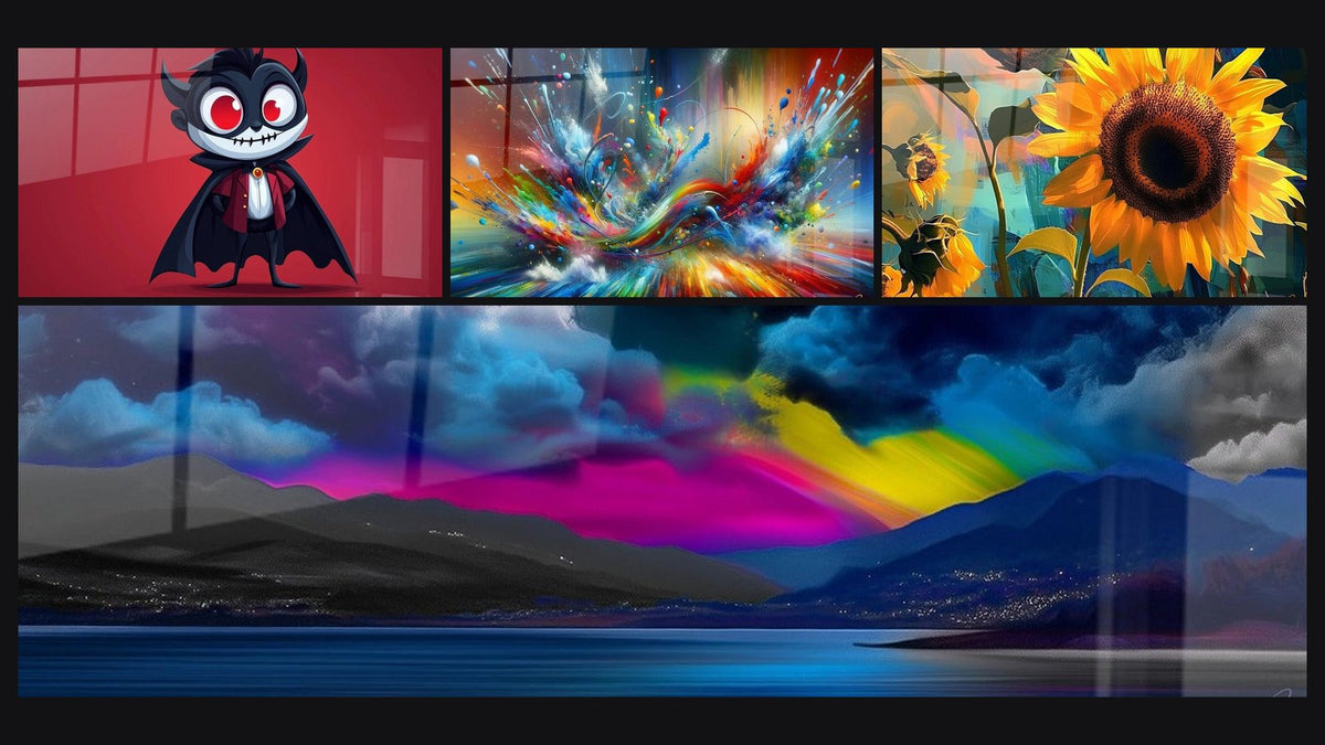 Mosaik aus vier Gemälden, darunter Big Bang Kunstleinwand Brillant und Sonnenblumen-Bild Nr. 1