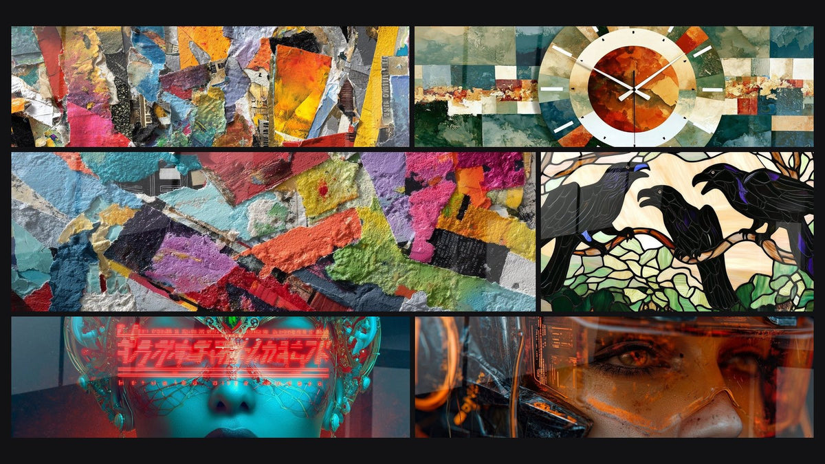 Mosaïque de six tableaux, dont Abstrait multicolore, Fragments colorés abstraits et Veilleurs Nocturnes