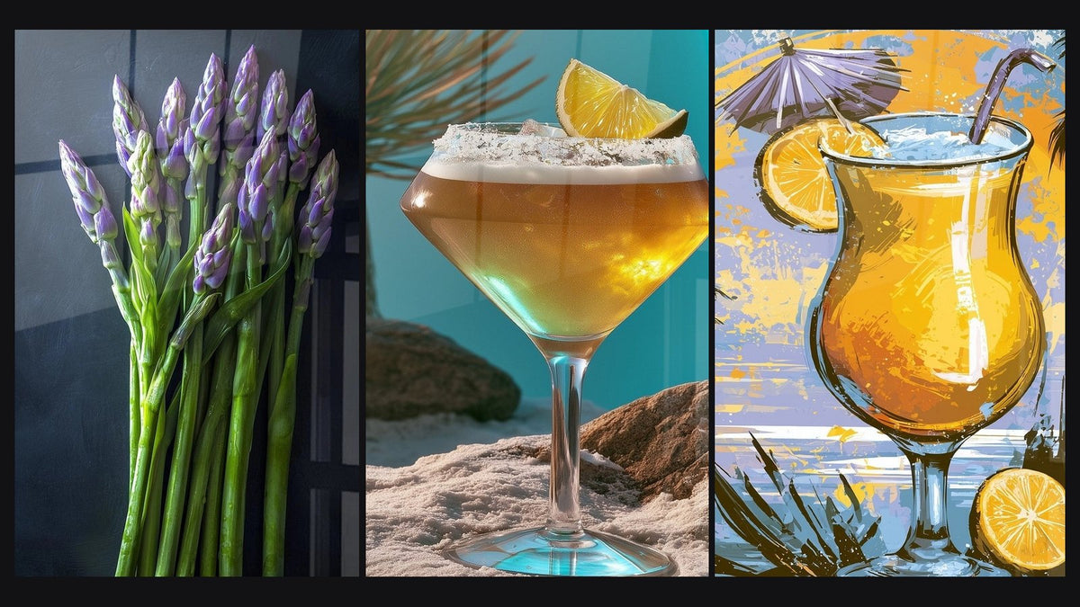 Mosaico de tres cuadros, entre ellos Espárrago N°1 y Corte Dorado con Sal y Limón
