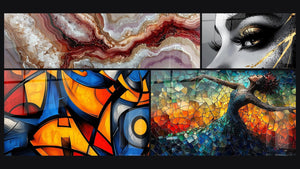 Mosaico de cuatro cuadros, entre ellos Formas geométricas coloridas, Ojo Lágrima de Oro y Danza Llama Liberadora Roja
