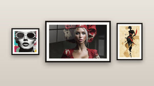 Pared de galería con tres cuadros enmarcados: Retrato Glamuroso, Retrato Mujer y Silueta negra y roja con cintas cruzadas