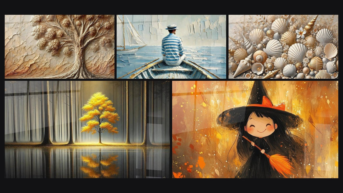 Mosaico de cinco cuadros, entre ellos Árbol del Pasado, El Arte del Agua y Joyas de las Arenas