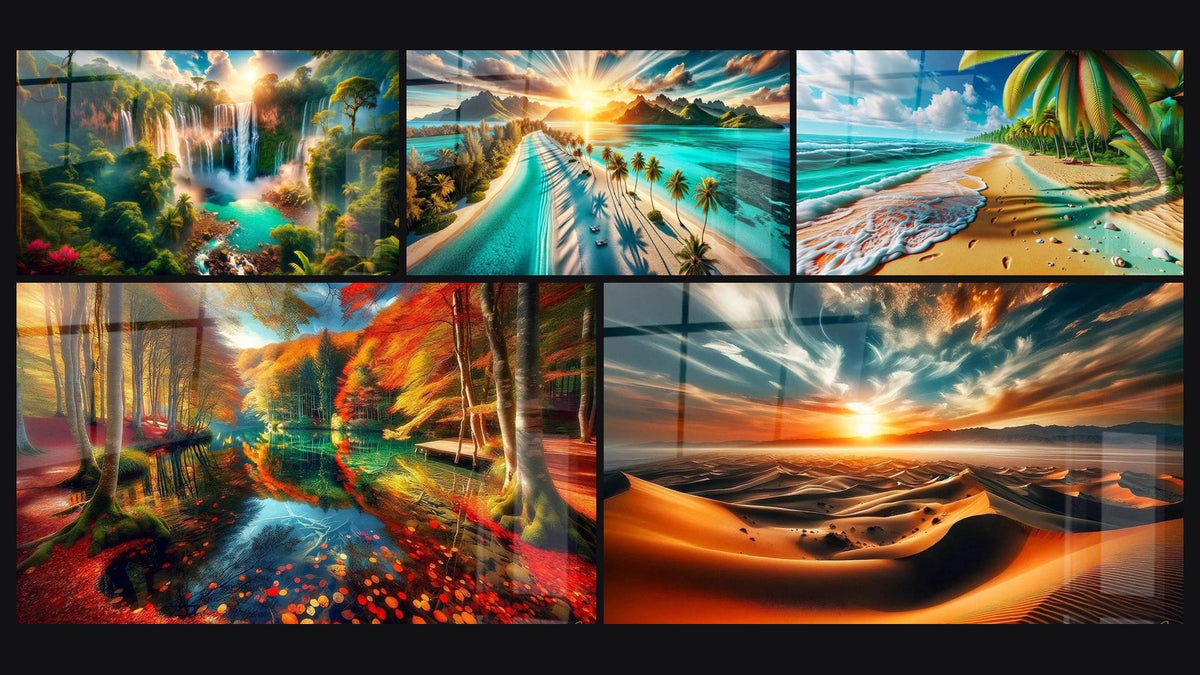 Mosaïque de cinq tableaux, dont Aube Féerique sur Paradis Aquatique et Sérénité des Îles Lointaines
