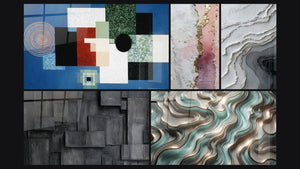 Mozaïek van vijf schilderijen, waaronder Geometrische Compositie Rationele Orde en Etherische Curves