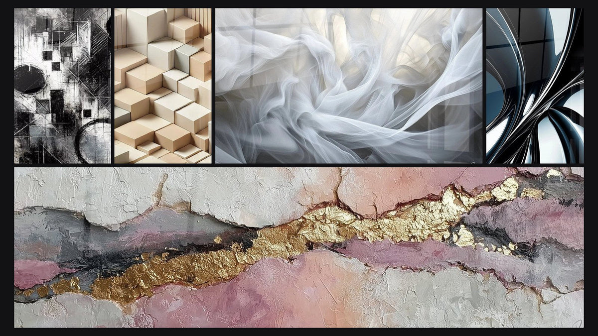 Mosaico de cinco cuadros, entre ellos Fragmentos del Absoluto, Minimalismo Esculpido y Velos de Luz